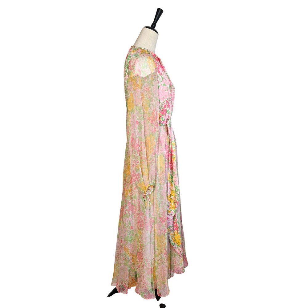 Vintage 70s Frances Brewster Floral Chiffon Dress Belted Boho M - Picture 7 of 8